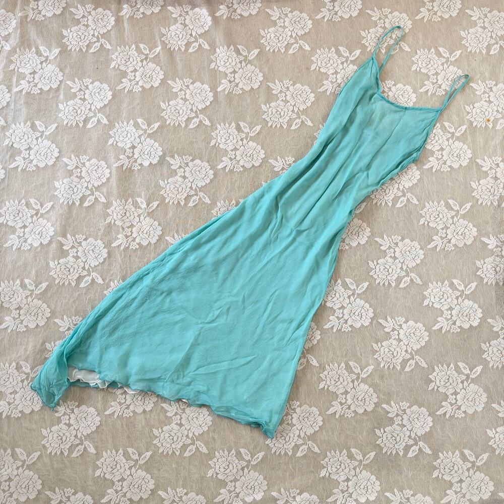 Vintage Y2K Bebe Turquoise Silk Maxi Dress Size M